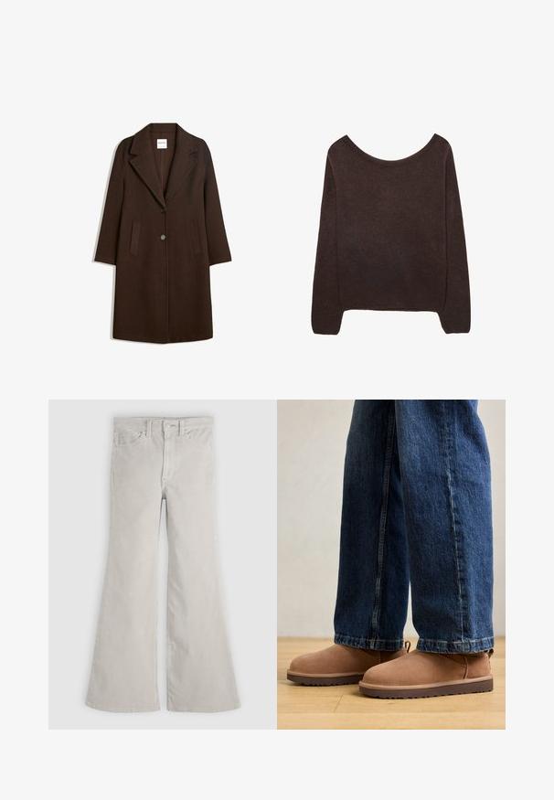 Brun uldblandingsfrakke med showsnedet revers, to frontlommer og en enkelt knaplukning. Ret snit med lange ærmer.; Brun strikket sweater med off-shoulder halsudskæring, lange ærmer og ribbede manchetter. Blød tekstur med en glat overflade.; Lysgrå, flagrende jeans lavet af blødt bomuldsdenim, med knaplukning, fem-lomme-design og subtilt slid for tekstur.; Brune ruskinds ankelstøvler med flad sål, rund tå og en lille træktab, parret med blå denimjeans med lige skæring.