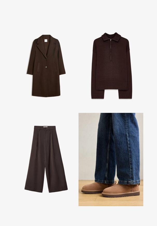 Manteau en mélange de laine marron avec un col cranté, deux poches avant et une fermeture à un bouton. Coupe droite avec manches longues.; Pull en maille marron avec un col montant zippé, un ourlet et des poignets côtelés, et une coupe décontractée. Motif texturé sur l'ensemble du tissu.; Pantalon à jambes larges en tissu brun foncé, avec des plis, une fermeture par bouton, et une texture lisse ; longueur cheville avec une coupe ajustée.; Bottines en daim marron avec une semelle plate, un bout arrondi et une petite languette, associées à un jean en denim bleu de coupe droite.