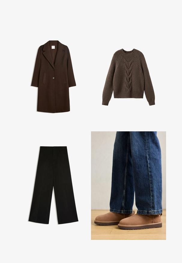Brun uldblandingsfrakke med showsnedet revers, to frontlommer og en enkelt knaplukning. Ret snit med lange ærmer.; Brun strikket sweater med rund halsudskæring, lange ærmer og et kabelstrikdesign, der løber ned langs fronten. Ribbet kant og manchetter.; Sorte bukser med vidde ben, bæltestropper, knaplukning foran og lynlås, lagt fladt på hvid baggrund.; Brune ruskinds ankelstøvler med flad sål, rund tå og en lille træktab, parret med blå denimjeans med lige skæring.