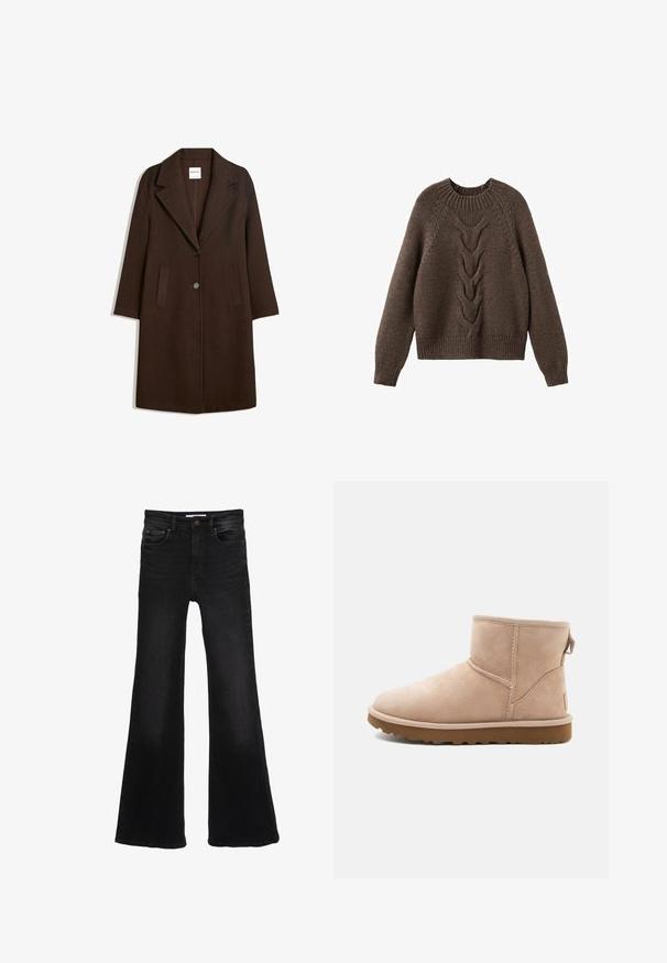 Manteau en mélange de laine marron avec un col cranté, deux poches avant et une fermeture à un bouton. Coupe droite avec manches longues.; Pull en tricot marron avec un col rond, des manches longues et un motif en torsades sur le devant. Ourlets et poignets côtelés.; Jean en denim noir taille haute avec jambes évasées larges, bouton à l'avant, fermeture éclair, et style cinq poches.; Bottine en daim beige à bout arrondi, avec des accents cousus et une semelle en caoutchouc brun texturé. Elle se distingue par une languette à l'arrière.