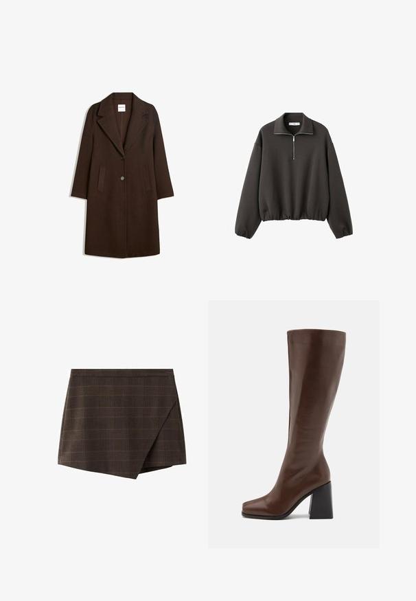 Manteau en mélange de laine marron avec un col cranté, deux poches avant et une fermeture à un bouton. Coupe droite avec manches longues.; Sweat-shirt à col montant gris foncé, avec une courte fermeture éclair à l'avant et un ourlet élastiqué. Tissu doux avec une coupe décontractée et ample.; Jupe portefeuille à carreaux marron avec un design structuré, une ceinture insérée et un ourlet légèrement incliné, en tissu texturé.; RAID RENZO - Bottes - brown