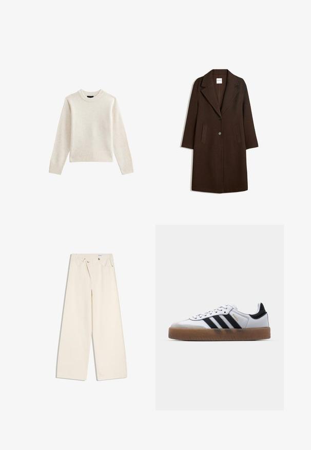 Manteau en mélange de laine marron avec un col cranté, deux poches avant et une fermeture à un bouton. Coupe droite avec manches longues.; Pull en tricot beige clair avec un col rond côtelé et un ourlet, doté de manches longues et d'une silhouette décontractée. Texture douce et design minimal.; Pantalon large couleur écru avec poches avant, passants pour ceinture, et boutons argentés sur la ceinture et les bords des poches.; Baskets en cuir blanc avec des rayures noires, semelle extérieure en caoutchouc beige, bout rond, fermeture lacée et embout en suède gris doux.