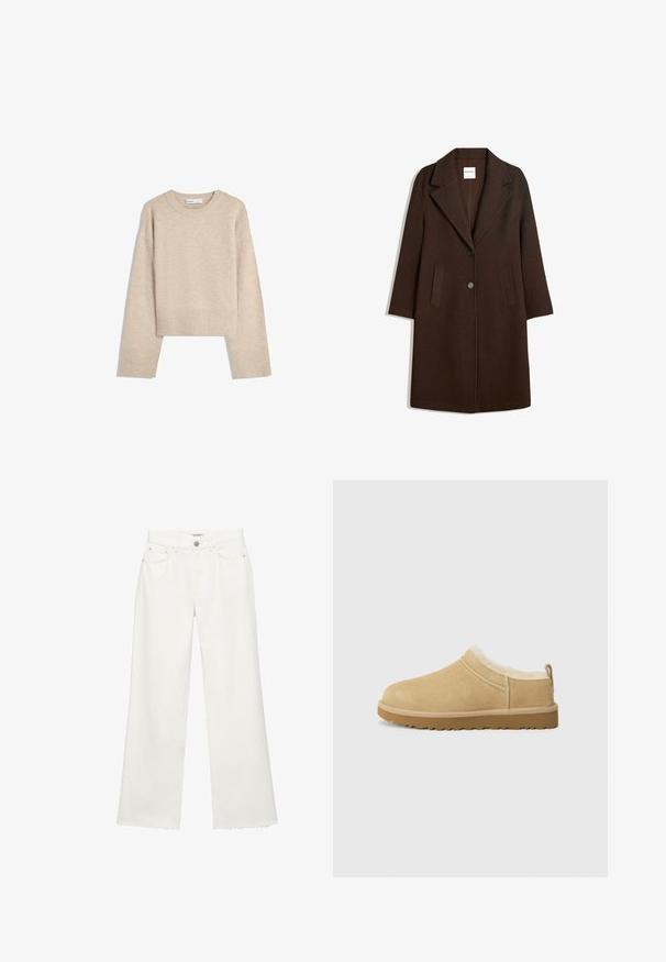 Bruine wolblendjas met een opstaande kraag, twee frontzakken en een enkele knoopsluiting. Rechte snit met lange mouwen.; Beige cropped sweater gemaakt van zacht breimateriaal. Heeft een ronde halslijn, lange mouwen en geribde boorden en onderkant voor extra textuur.; Witte denim wijde broek met steekzakken aan de voorkant, riemlussen, knoopsluiting en onafgewerkte zoomranden.; Suède instap schoenen in licht bruin, met een zachte bontvoering en een gemeleerde rubberen zool met een lichte hak en een trekhaakje aan de achterkant voor gemakkelijk aan- en uittrekken.