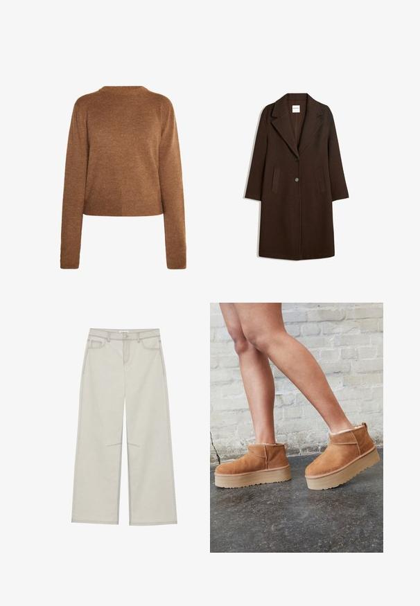 Brun uldblandingsfrakke med showsnedet revers, to frontlommer og en enkelt knaplukning. Ret snit med lange ærmer.; Brun strikket sweater med lange ærmer, en rund halsudskæring og en kortet kant. Blød tekstur, minimalistisk design og ingen synlige mønstre.; Lysegrå bredbenede bukser med fem lommer, frontknaplukning og kontrastsyninger langs sømmen. Stoffet ser blødt og slidstærkt ud.; Brune ruskinds ankelsko med en blød foring, tyk beige plattformsål og en bageste løkke. Tekstureret overflade med synlige sømdetaljer.
