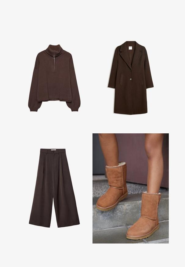 Manteau en mélange de laine marron avec un col cranté, deux poches avant et une fermeture à un bouton. Coupe droite avec manches longues.; Pull en maille marron avec col haut à côtes, fermeture éclair, coupe ample et épaules descendues. Fabriqué en matériau tricoté doux.; Pantalon à jambes larges en tissu brun foncé, avec des plis, une fermeture par bouton, et une texture lisse ; longueur cheville avec une coupe ajustée.; Bottines en suede marron, à bout rond, avec une doublure douce et une semelle en caoutchouc, présentant des détails de couture visibles le long des coutures.