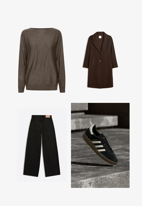 Brun uldblandingsfrakke med showsnedet revers, to frontlommer og en enkelt knaplukning. Ret snit med lange ærmer.; Brun strikket sweater med bred halsudskæring, lange ærmer og ribbede manchetter og kant. Blød tekstur med minimal mønster.; Sorte vidde jeans set bagfra med to baglommer og en brun lædermærke på linningen.; Sort Adidas-sneaker med hvide striber og gummisåler, svævende over grå betontrapper i naturligt lys.