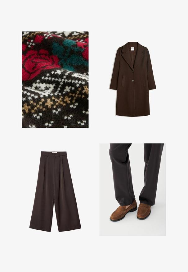 Manteau en mélange de laine marron avec un col cranté, deux poches avant et une fermeture à un bouton. Coupe droite avec manches longues.; Textile tricoté avec une base marron foncé, ornée de motifs floraux et géométriques rouges, teal et blancs. Texture douce et duveteuse visible à travers l'ensemble.; Pantalon à jambes larges en tissu brun foncé, avec des plis, une fermeture par bouton, et une texture lisse ; longueur cheville avec une coupe ajustée.; Mocassins en daim marron avec une texture lisse, ornés de détails cousus à l'avant et une semelle en caoutchouc noire, associés à un pantalon noir.