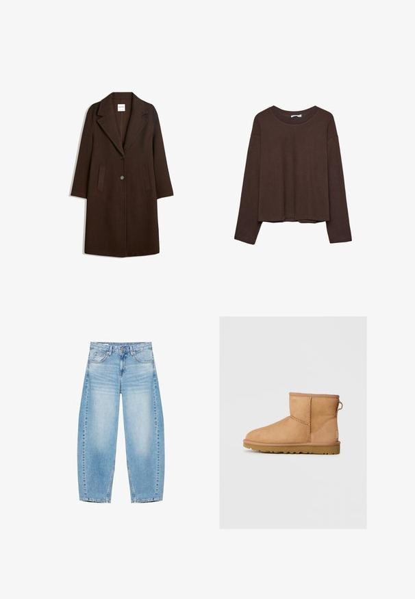 Long manteau en laine marron foncé avec de larges revers, deux poches avant et deux boutons au centre devant.; Pull marron à coupe décontractée, col côtelé et manches longues. Texture lisse avec un ourlet arrondi et sans motifs ni accents visibles.; Jean en denim bleu clair avec une taille haute, des jambes droites larges, des poches avant, et une fermeture par bouton et zip.; Bottines en suède beige avec bout rond, détails cousus, tirant à l'arrière et semelle en caoutchouc texturé. Conçues pour le confort et la chaleur.