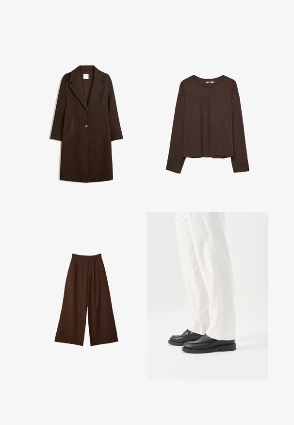 Brun uldblandingsfrakke med showsnedet revers, to frontlommer og en enkelt knaplukning. Ret snit med lange ærmer.; Brun sweater med en afslappet pasform, ribbet rullekrave og lange ærmer. Glat tekstur med en rund kant og ingen synlige mønstre eller accenter.; Bredbenede brune bukser med folder, sidelommer og høj talje med bæltestropper, præsenteret mod en hvid baggrund.; Person iført hvide skræddersyede bukser og sorte læder loafers stående på hvid baggrund.