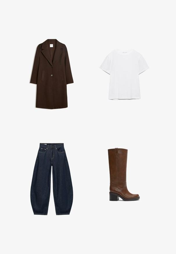 Manteau en mélange de laine marron avec un col cranté, deux poches avant et une fermeture à un bouton. Coupe droite avec manches longues.; T-shirt blanc uni à manches courtes et col rond, avec un ourlet droit, présenté sur un fond blanc.; Jean en denim bleu foncé à jambes larges avec poches avant, passants de ceinture et fermeture par bouton à la taille.; Botte en cuir brun mi-mollet avec talon bloc et languette de tirage, finition lisse et bout arrondi sur fond blanc.