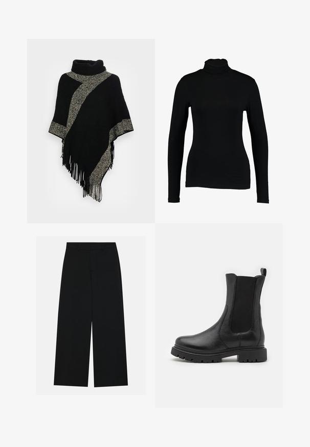 Zwarte poncho met een hoge halslijn, voorzien van een diagonale lichtgrijze geweven streep en franjes aan de randen. Gemaakt van zachte, gestructureerde stof.; Zwart lange mouw turtleneck top van gladde stof, met een aansluitend ontwerp en hoge hals, geschikt voor layering of als standalone kleding.; Zwart, wijde broek van een gladde stof. Heeft een plat tailleband met riemlussen en geen zichtbare zakken. Eenvoudig ontwerp.; Zwarte leren enkellaarsjes met elastische zijkanten, een ronde neus en een robuuste zool met uitgesproken profielgroeven.