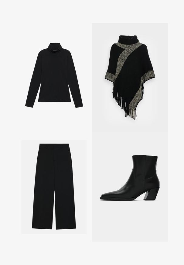 Poncho negro con un cuello alto, que presenta una franja tejida diagonal en gris claro y bordes con flecos. Elaborado con una tela suave y texturizada.; Sudadera negra de manga larga con cuello alto. Tejido suave, diseño ajustado, cuello alto y costuras laterales. Estilo sencillo y versátil, adecuado para combinar en capas.; Pantalones negros de pierna ancha hechos de una tela suave. Presentan una cintura plana con pasadores de cinturón y sin bolsillos visibles. Diseño sencillo.; Bota de tobillo de cuero negro con punta afilada, una silueta elegante y un tacón cuadrado grueso. Textura suave con detalles de costura mínimos.