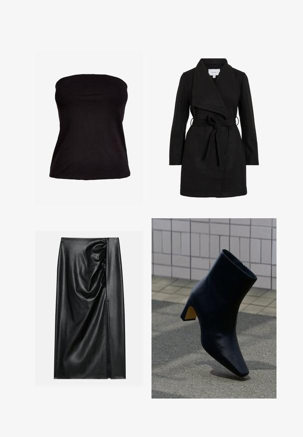 Čierny trench coat s prekrývajúcim dizajnom, veľkým golierom, opaskom v páse a dvoma bočnými vreckami. Vyrobený z textúrneho materiálu pre teplo a štýl.; Čierny top bez ramienok vyrobený z elastického materiálu. Hladká textúra s priliehavým strihom, bez viditeľných švov alebo ozdôb.; Čierna kožená sukňa s hladkou textúrou, ktorá má nariasenú časť na jednej strane a bočný rozparok pre prídavnú detalizáciu.; Čierna kožená členková topánka s blokovým podpätkom stojaca na šedom chodníku pred svetlou obloženou stenou.
