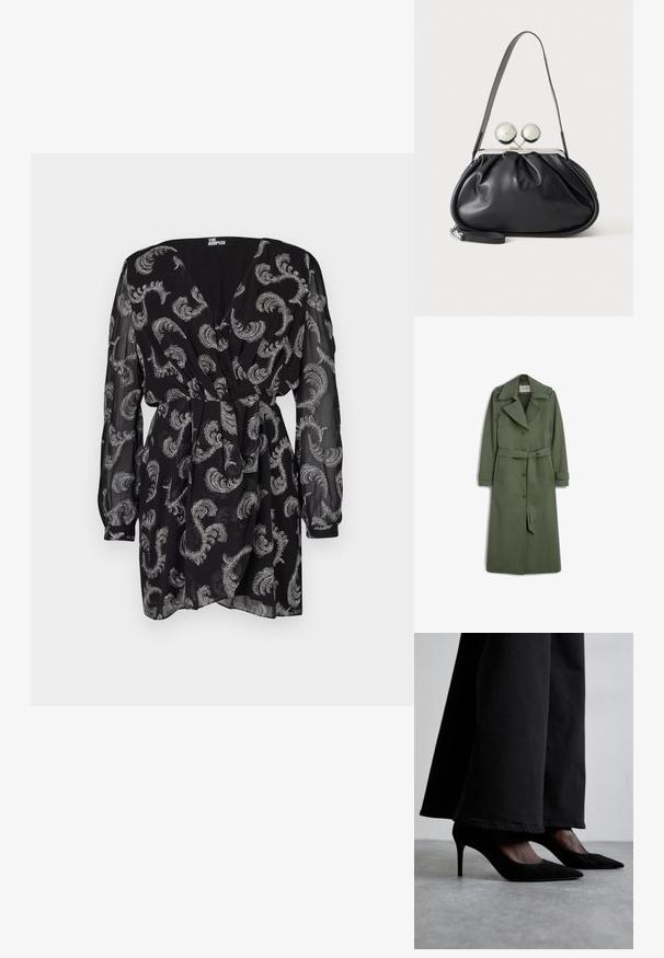 Lange olijfgroene trenchcoat met brede revers, knoopsluiting aan de voorkant, riem in de taille, schouderepauletten en twee voorzakken.; Zwarte jurk van doorschijnende stof, met zilveren paisleypatronen, V-hals, lange poffende mouwen en een strikdetail in de taille.; Zwarte suède hoge hakken met puntige neuzen, gedragen met zwarte wijde broekspijpen, hebben een slank ontwerp en een subtiele glans.; Zwarte leren handtas met een geplooid ontwerp, een enkele schouderband, zilverkleurige metalen omlijsting en twee grote ronde zilveren sluitingen.