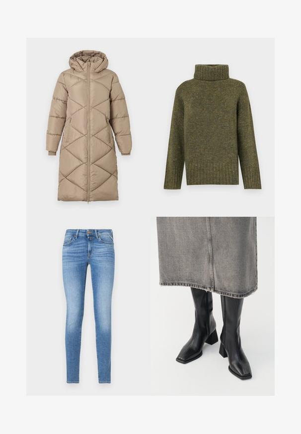 Lange beige gewatteerde pufferjas met capuchon, volle ritssluiting aan de voorkant, twee ritssluitingen zijzakken en ribbels aan de mouwmanchetten.; Vero Moda Knitted VMINGRID Knitted - Trui - grape leaf; Slim-fit lichtblauwe spijkerbroeken met een middelhoge taille, vooraan met knoopsluiting en een vijf-pocket ontwerp.; Zwarte laarzen tot de knie van soepel leer met een vierkante neus en blokhak. Draag ze met een grijze denim rok met een rafelige zoom.