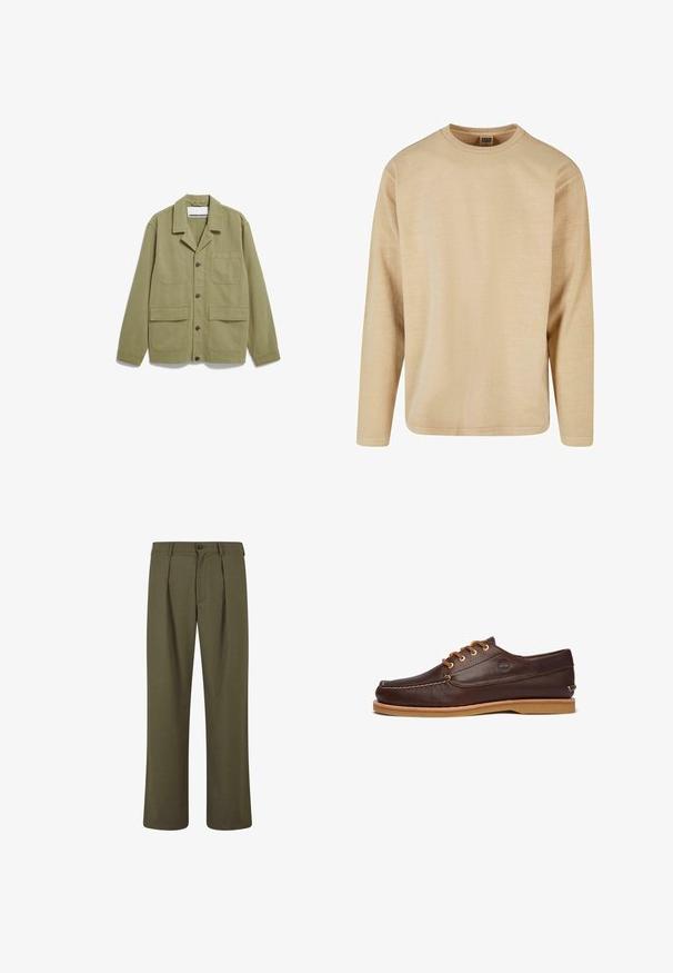 Veste boutonnée couleur vert olive clair avec quatre poches frontales et un col classique, étalée à plat sur un fond blanc.; T-shirt beige à manches longues en tissu doux, avec un col rond, une coupe décontractée et des coutures minimales pour un design épuré.; Pantalons vert olive avec une coupe ajustée, présentant des plis à l'avant, une fermeture à bouton et des jambes droites. Texture de tissu lisse.; Chaussures en cuir marron avec une surface texturée, bout rond, système de laçage avec œillets dorés, et une semelle en caoutchouc marron clair.