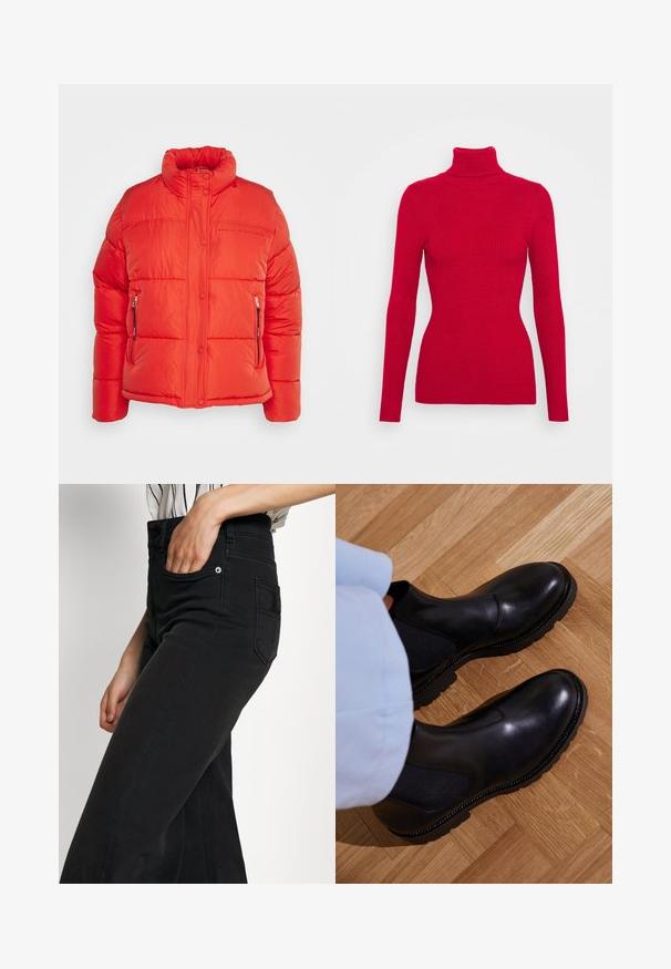 Replay Chaqueta de invierno - red fire; Suéter rojo de cuello alto con acanalado, mangas largas, tejido texturizado, silueta ajustada y cuello alto. Sin adornos visibles.; Vaqueros de mezclilla negra de pierna ancha con cintura alta, bolsillo delantero y bolsillo parche trasero. Textura suave con detalles mínimos de costura.; Botas negras de tobillo hechas de cuero suave con paneles laterales elásticos, una suela de goma texturizada y costuras en contraste a lo largo del borde.