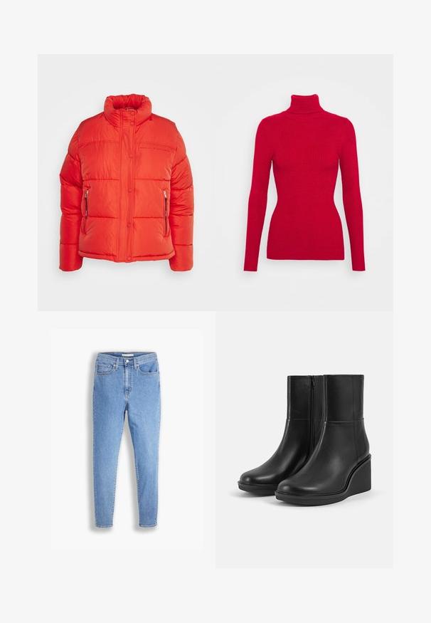 Replay Vinterjakker - red fire; Rød ribbet turtleneck sweater med lange ærmer, struktureret stof, tætsiddende silhuet og høj krave. Ingen synlige detaljer.; Lyseblå high-waist slim-fit jeans med for- og baglommer, knaplukning og bæltestropper på en hvid baggrund.; Par sorte læderankelstøvler med kilehæl og sidelommer, vist på en hvid baggrund.