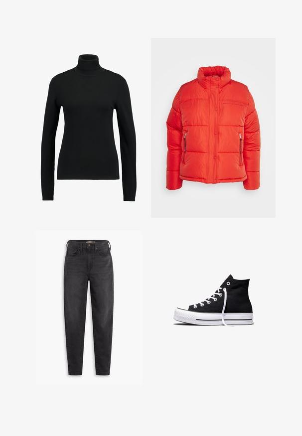 Replay Chaqueta de invierno - red fire; Suéter negro de cuello alto hecho de una tela de punto suave. Presenta mangas largas y un diseño ajustado, con acentos de canalé en el cuello y el dobladillo.; Jeans ajustados de talle alto y color negro, con bolsillos delanteros y traseros, cierre de botón y pasadores para cinturón, exhibidos sobre un fondo blanco.; Zapatilla alta de lona negra con suela de goma blanca y cordones blancos, vista de lado sobre un fondo blanco.