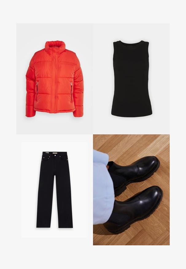 Replay Chaqueta de invierno - red fire; Top de tirantes negro sin mangas hecho de algodón acanalado, con un escote redondeado y una silueta ajustada.; Jeans de mezclilla negros con corte recto, cinco bolsillos, herrajes de cobre y una textura suave. Dos etiquetas visibles en la cinturilla.; Botas negras de tobillo hechas de cuero suave con paneles laterales elásticos, una suela de goma texturizada y costuras en contraste a lo largo del borde.