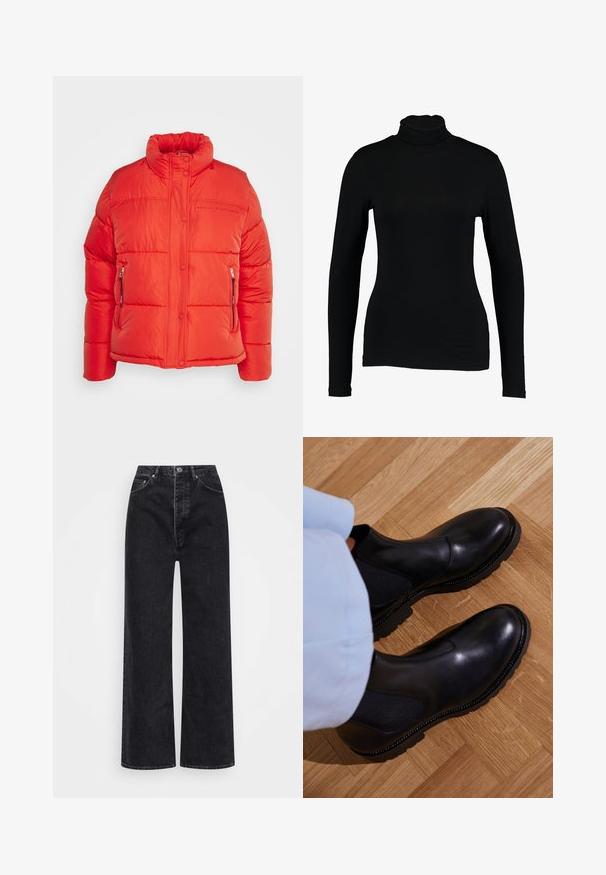 Replay Winterjacke - red fire; Schwarzes Langarm-Turtleneck-Top aus glattem Stoff, mit taillierter Passform und hohem Kragen, geeignet zum Layering oder als eigenständiges Kleidungsstück.; Schwarze weit geschnittene Jeans aus Denim, mit hoher Taille, Fünf-Taschen-Design und einem Reißverschluss mit Knopfverschluss.; Schwarze Knöchelstiefel aus glattem Leder mit elastischen Seiteneinsätzen, einer strukturierten Gummisohle und kontrastierenden Nähten entlang der Kante.