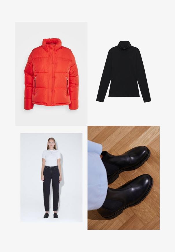 Replay Winterjacke - red fire; Schwarzes langärmeliges Rollkragenshirt. Weicher Stoff, enganliegendes Design, hoher Kragen und seitliche Nähte. Schlichter und vielseitiger Stil, der sich gut für das Layering eignet.; Junge Frau mit glattem Haar trägt ein weißes kurzärmeliges Oberteil, hoch taillierte schwarze Jeans, schwarze Slipper und eine Anhänger-Halskette, stehend.; Schwarze Knöchelstiefel aus glattem Leder mit elastischen Seiteneinsätzen, einer strukturierten Gummisohle und kontrastierenden Nähten entlang der Kante.