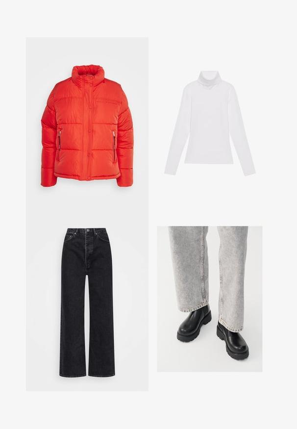 Replay Talvejope - red fire; Valge pikkade varrukate turtleneck-särk, mis on valmistatud siledast ja venivast kangast. Omab kõrget kraed ja keha lähedast lõiget, ilma nähtavate mustrite või kaunistusteta.; Mustad laiad teksad, mis on valmistatud denimist, kõrge taljega, viie taskuga ning läbi tõmbluku ja nupuga sulguga.; Vagabond COSMO - Platvormtallaga poolsaapad - black