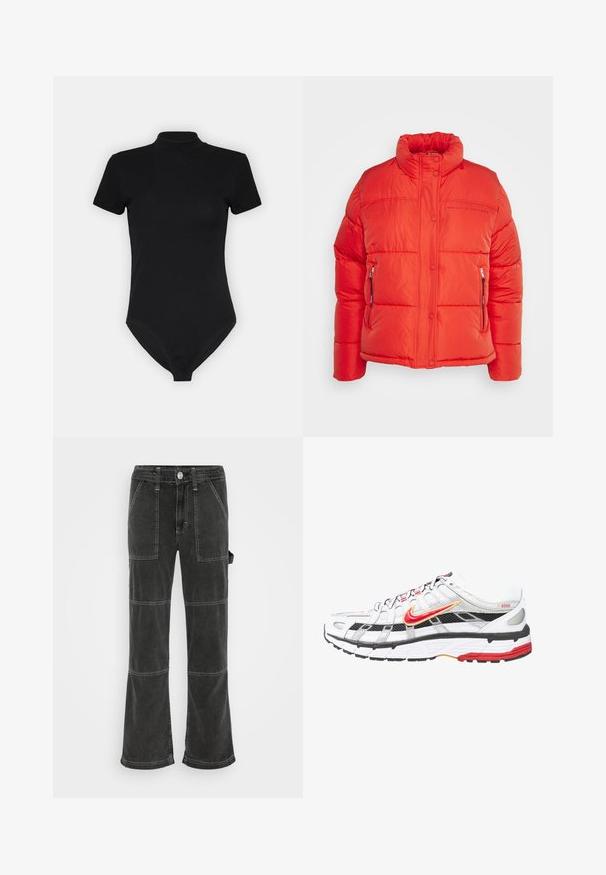 Replay Veste d'hiver - red fire; Bodysuit noir avec un col montant, des manches courtes et une coupe ajustée. Fabriqué à partir d'un tissu lisse et extensible avec un bas sans couture.; BDG Urban Outfitters UTILITY SKATE - Jean boyfriend - washed black; Chaussures de sport blanches et noires avec des accents rouges et dorés. Elles possèdent une tige en mesh, une semelle rembourrée et un design de laçage sécurisé.