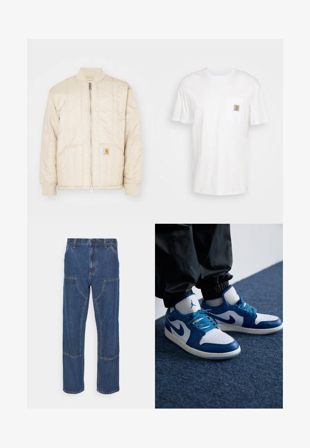Lys beige bomberjakke med lynlås foran, ribbet krave og manchetter, to lommer og lodrette syninger. Carhartt-logo på lommen.; Hvid bomulds T-shirt med korte ærmer, en brystlomme, og et lille firkantet logo patch i orange og hvid på lommen.; Blå denim jeans med lige ben, frontlappelommer og kontrasterende syninger. Stoffet har en klassisk tekstur og finish.; Nike Air Jordan sneakers har en hvid læderbase med blå syntetiske detaljer, en perforeret tåboks og blå snørebånd.