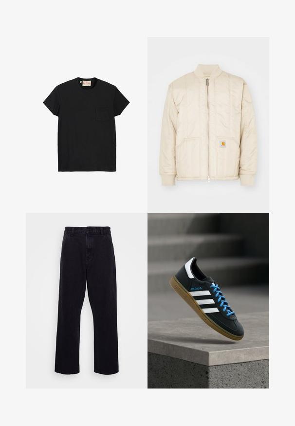Hellbeige Bomberjacke mit einem Frontreißverschluss, geripptem Kragen und Bündchen, zwei Taschen und vertikalen Nähmustern. Carhartt-Logo auf der Tasche.; Schwarzes Baumwoll-T-Shirt mit Rundhalsausschnitt, kurzen Ärmeln und einer Brusttasche auf der linken Seite. Glatte Textur und minimalistisches Design.; Schwarze Jeanshose mit geradem Bein, ausgestattet mit einem Knopf- und Reißverschluss, Gürtelschlaufen und minimalen Nähdetails.; Schwarzer Adidas-Sneaker mit weißen Streifen, blauen Schnürsenkeln und Gummisohle, der über einer grauen Betontreppe im weichen Licht schwebt.