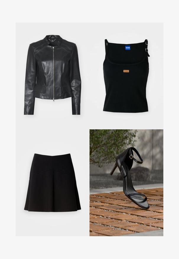 Marc Cain Veste en cuir - black; Débardeur noir côtelé à fines bretelles, doté d'un patch en cuir marron sur le devant et d'un détail en métal sur une bretelle.; Jupe noire évasée en tissu doux, avec une taille ajustée et des coutures décoratives. Texture lisse avec un design simple et classique.; Sandale noire à talon haut avec sangle à la cheville, suspendue au-dessus d'un sol en carreaux de bois à l'extérieur, avec un arrière-plan flou de verdure et de pierre.