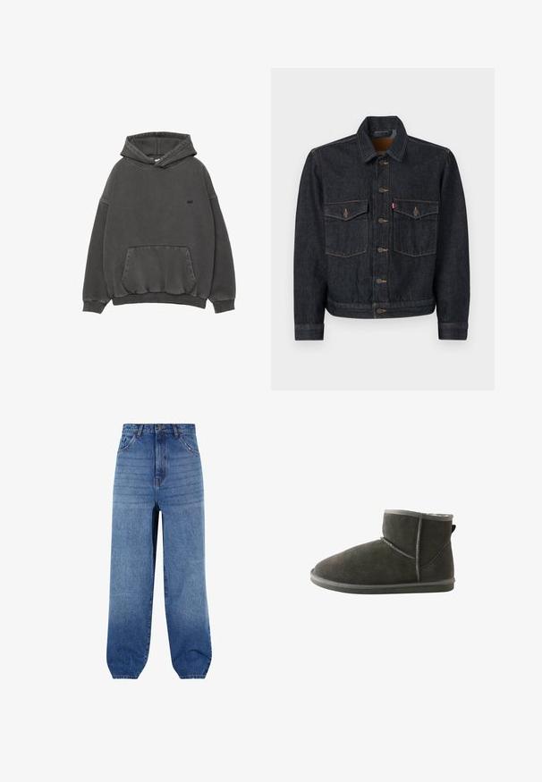 Dunkelblaue Jeansjacke mit durchgehender Knopfleiste, zwei Brusttaschen und Kragen. Verfügt über kontrastierende Nähte und Metallknöpfe.; Dunkelgrauer Kapuzenpullover mit frontaler Kängurutasche, gerippten Bündchen und Saum sowie kleinem schwarzen besticktem Logo auf der Brust.; Hellblaue Jeans aus Denim mit hoher Taille, lockerem Schnitt und schmal zulaufenden Bündchen. Verfügt über fünf Taschen und dezente Ausbleichungen an der Vorderseite.; Schwarze Wildleder-Stiefelette mit einem weichen Futter, abgerundetem Zehenbereich und Gummisohle. Verfügt über kontrastierende Nähte und eine hintere Schlaufe für einfaches An- und Ausziehen.
