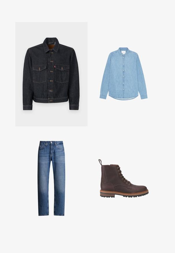 Dunkelblaue Jeansjacke mit durchgehender Knopfleiste, zwei Brusttaschen und Kragen. Verfügt über kontrastierende Nähte und Metallknöpfe.; Hellblaues Denim-Hemd mit Knöpfen, langen Ärmeln, spitzem Kragen und abgerundetem Saum. Verfügt über eine vordere Knopfverschlussleiste und ein kleines Logodetail.; Blaue Jeans aus Denim mit geradem Schnitt, fünf Taschen und Reißverschluss. Verfügt über eine leichte Ausbleichung und Nähte entlang der Nähte.; Braune Leder-Stiefeletten mit Schnürung, strukturierter Oberfläche, kontrastierenden beigen Sohlen und Metallösen. Verfügen über eine Lasche zum einfachen An- und Ausziehen.