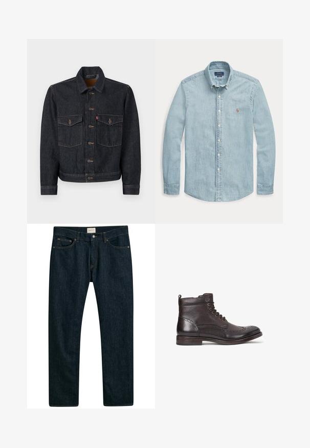 Donkerdenim jack met een knoopsluiting aan de voorkant, twee borstzakken en een kraag. Kenmerkt zich door contrasterende stiksels en metalen knopen.; Lichtblauw denimshirt met lange mouwen, button-down kraag, witte knopen en een klein geborduurd Polo Ralph Lauren-logo op de borst.; Donkerblauwe denim jeans met een recht model, vijf zakken en contrasterende stiksels op de naden. Gladde stofstructuur.; Donkerbruine leren enkelboot met wingtip-design, ronde neus, subtiele brogue-details, metalen veterogen en platte hak. Voorzien van een trekflap.