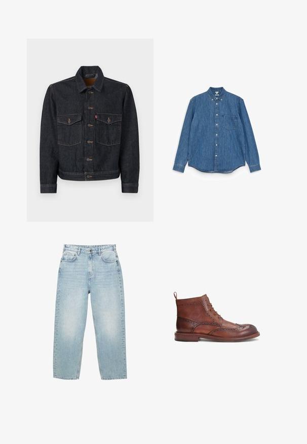 Dunkelblaue Jeansjacke mit durchgehender Knopfleiste, zwei Brusttaschen und Kragen. Verfügt über kontrastierende Nähte und Metallknöpfe.; Blaues Denim-Hemd mit langen Ärmeln, spitzem Kragen, weißen Knöpfen, einer einzelnen Brusttasche und geradem Saum. Gleichmäßige Textur und mittleres Gewicht.; Hellblaue hochgeschnittene Jeans aus Denim mit geradem Bein, vorderen und hinteren Taschen sowie einem Knopfverschluss mit sichtbaren Nähten.; Braune Lederstiefel mit dekorativen Broguedetails, runder Zehenform, Schnürdesign und niedrigem, gestapeltem Absatz. Enthält eine Zuglasche hinten.
