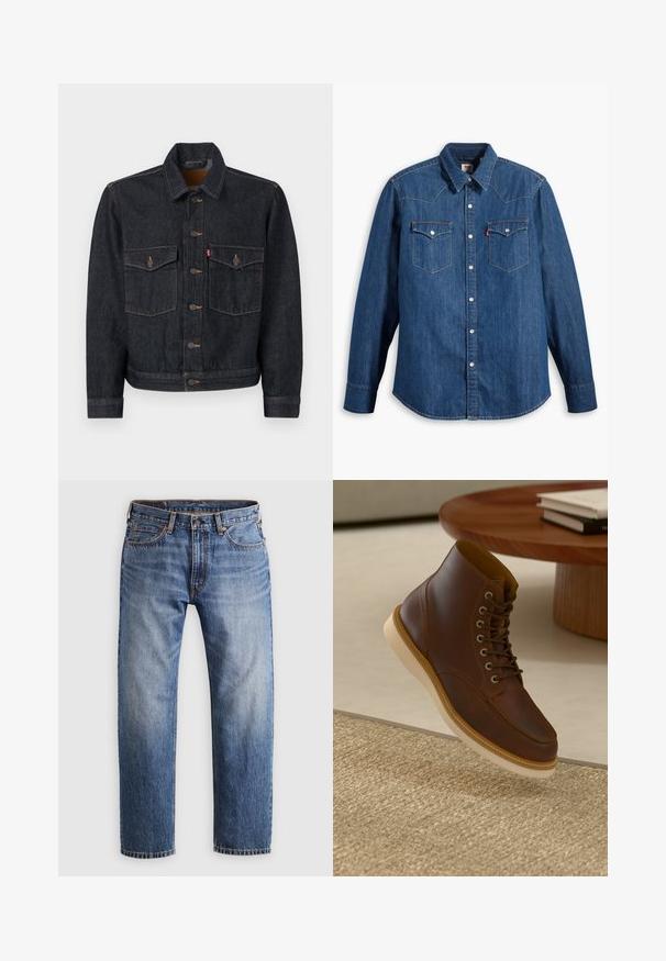 Mørk denimjakke med knaplukning foran, to brystlommer og krave. Har kontrasterende syninger og metalknapper.; Denim skjorte i mørkeblå med lange ærmer, spids krave og trykknapper. Har to brystlommer med klapper og kontrastsying.; Stumpe ben blå denim jeans med en knap- og lynlåslukning, fem lommer og orange syninger på en lys grå baggrund.; Brune læderankelstøvle med beige sål på et struktureret beige tæppe ved siden af et rundt træbord med stakke af bøger.