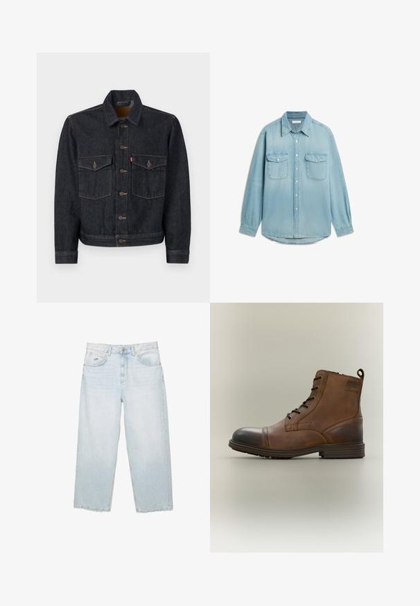 Donkerdenim jack met een knoopsluiting aan de voorkant, twee borstzakken en een kraag. Kenmerkt zich door contrasterende stiksels en metalen knopen.; Lichtblauw denimoverhemd met lange mouwen, twee borstzakken met klep, knoopsluiting aan de voorkant en puntkraag.; Lichtblauwe hoge taille straight-leg jeans met een knoop aan de voorkant, zakken en een klein gemerkt metalen label op de rechter voorkzak.; Bruine leren enkellaars met veters, zwarte neuskap, ronde zool en merkdetail aan de zijkant tegen een effen achtergrond.