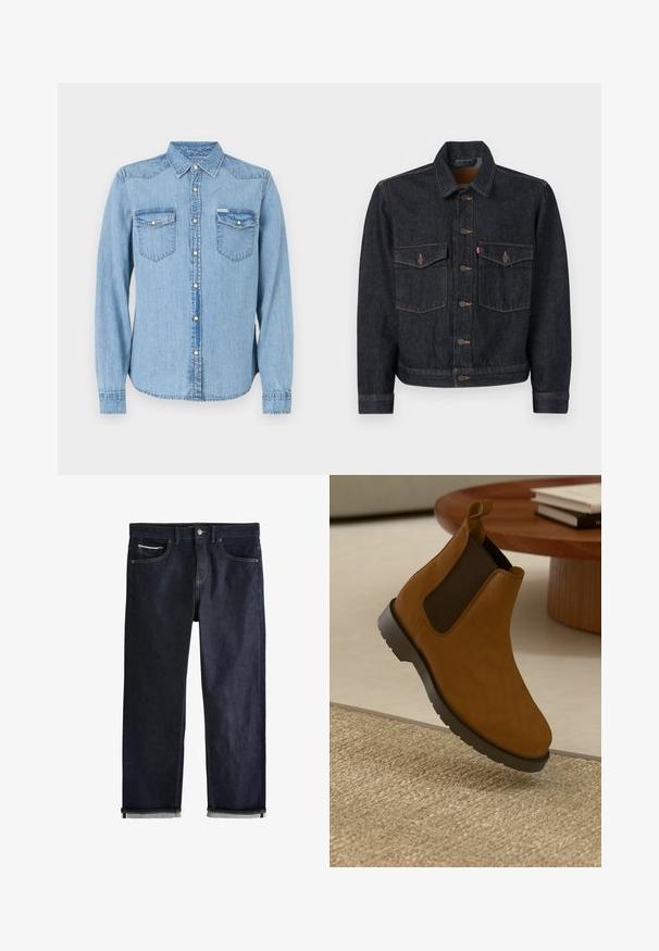 Mørk denimjakke med knaplukning foran, to brystlommer og krave. Har kontrasterende syninger og metalknapper.; Lyseblå denimskjorte med lange ærmer, spidse krave og trykknaplukning. Har to brystlommer med klapper. Lige snit.; Mørkeblå denimjeans med en klassisk lige pasform, der har fem lommer, knaplukning og op rullede manchetter, som viser en lys blå foring.; Brune læder Chelsea støvle med sorte elastiske sidelapper, rund tå, tekstureret gummisål og et lille trækstykke bagpå.