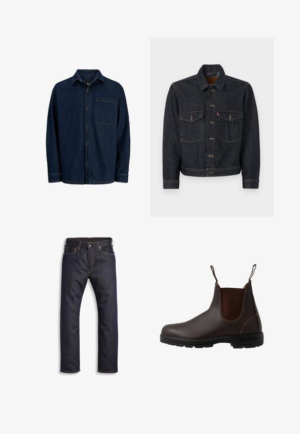 Mørk denimjakke med knaplukning foran, to brystlommer og krave. Har kontrasterende syninger og metalknapper.; Mørk denim skjorte med lange ærmer, spids krave og brystlomme. Har brune knapper og gule syninger som detaljer.; Mørkeblå denimjeans med lige snit, fem-lomme design, metalbeslag og kontrasterende orange syninger. Glat tekstur, ingen synlige mønstre.; Brun læder Chelsea-støvle med elastisk sidepanel, brun syning, trækstropper og en holdbar gummisål med et tekstureret mønster.