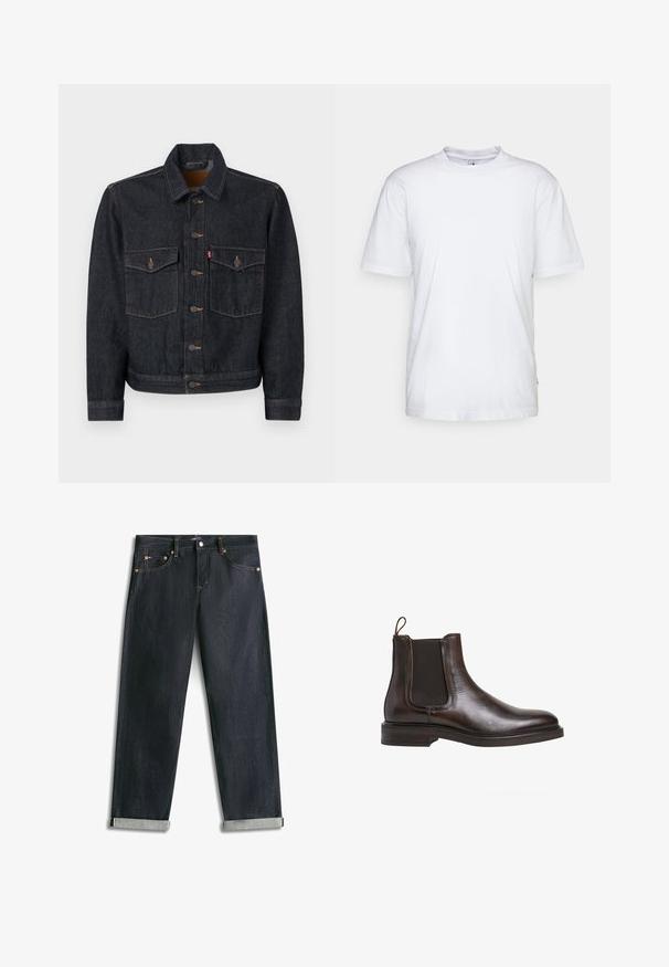 Donkerdenim jack met een knoopsluiting aan de voorkant, twee borstzakken en een kraag. Kenmerkt zich door contrasterende stiksels en metalen knopen.; Witte katoenen t-shirt met een ronde hals, korte mouwen en een rechte zoom. Heeft een klein merktag aan de linkerkant van de zijnaad.; Donkerblauwe spijkerbroek met omgeslagen boorden, vijf zakken en contrasterende stiksels, plat uitgespreid op een witte achtergrond.; Bruine leren Chelsea-boot met elastische zijpanelen, een lus om aan te trekken en een lage gestapelde hak. Gladde textuur en slanke silhouet.