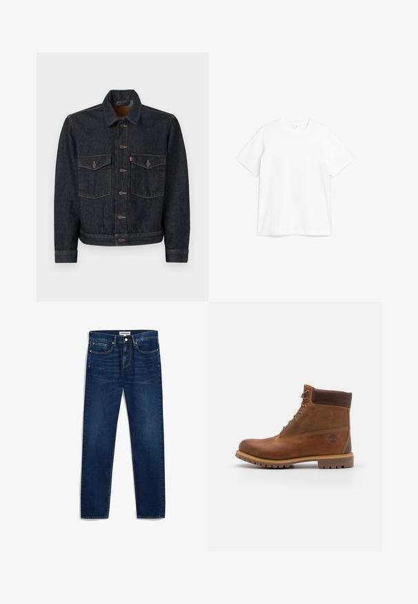 Dunkelblaue Jeansjacke mit durchgehender Knopfleiste, zwei Brusttaschen und Kragen. Verfügt über kontrastierende Nähte und Metallknöpfe.; Weißes Baumwoll-T-Shirt mit Rundhalsausschnitt und kurzen Ärmeln. Der Stoff wirkt glatt mit einem klassischen, geraden Schnitt.; Dunkelblaue Jeans aus Denim mit geradem Schnitt, fünf Taschen und Kontrastnähten. Mit Knopfverschluss und Reißverschluss.; Braune Lederwanderschuhe mit glatter Oberfläche, gepolstertem Knöchel, Metallösen und einer Gummisohle mit robustem Profil.