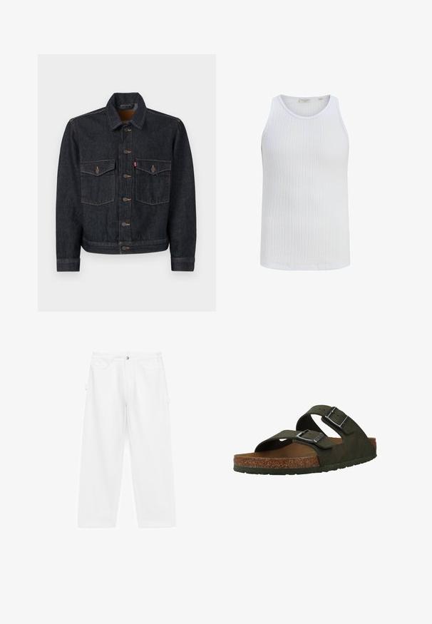 Mørk denimjakke med knaplukning foran, to brystlommer og krave. Har kontrasterende syninger og metalknapper.; Hvid ribbet bomulds ærmeløs tanktop med rund halsudskæring fra Jack & Jones, vist på en ensfarvet hvid baggrund.; Hvide cargobukser lavet af bomuld med vidbenede ben, sidelommer og en traditionel fem-lomme-stil med knaplukning.; Grønne slip-on sandaler med to justerbare stropper, en korksål og en gummisål. Har sølvspænder og et tekstureret overmateriale.