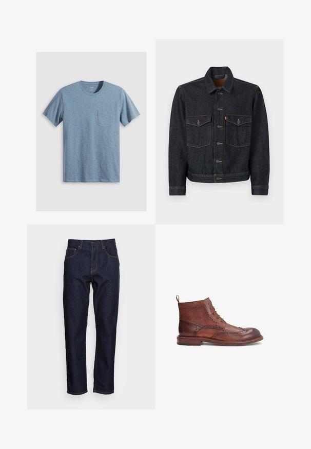 Dunkelblaue Jeansjacke mit durchgehender Knopfleiste, zwei Brusttaschen und Kragen. Verfügt über kontrastierende Nähte und Metallknöpfe.; Blaues T-Shirt mit kurzen Ärmeln und Rundhalsausschnitt mit einer Brusttasche, die ein kleines rotes Etikett auf weißem Hintergrund trägt.; Dunkelblaue Denim-Jeans mit geradem Schnitt, fünf Taschen und kontrastierendem gelben Nähten. Mit einem klassischen Knopf- und Reißverschluss ausgestattet.; Braune Lederstiefel mit dekorativen Broguedetails, runder Zehenform, Schnürdesign und niedrigem, gestapeltem Absatz. Enthält eine Zuglasche hinten.
