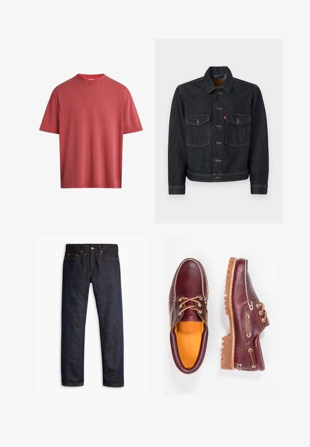 Donkerdenim jack met een knoopsluiting aan de voorkant, twee borstzakken en een kraag. Kenmerkt zich door contrasterende stiksels en metalen knopen.; Rode T-shirt met korte mouwen, gemaakt van zacht katoen. Rondhalsontwerp met een ontspannen pasvorm en een gladde textuur, voorzien van een effen patroon.; Donkerblauwe spijkerbroek met een rechte pasvorm, vijf zakken, koperen klinknagels, gele stiksels en een duidelijke textuur in de stof.; Bordeaux leren schoenen met bruine rubberen zolen, ronde neus, witte stiksels en gouden veterogen. Het interieur heeft een gele voering.