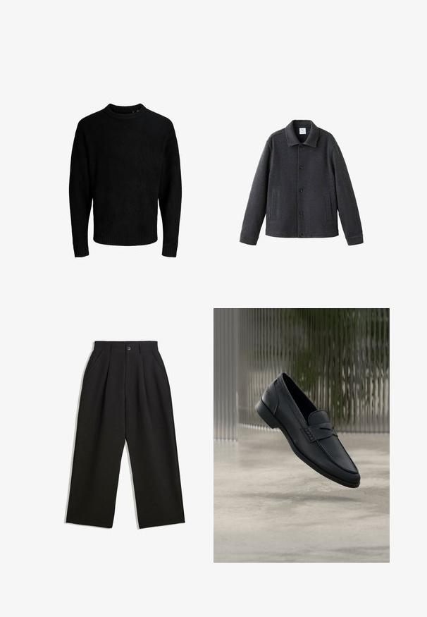 Grå uldblandet jakke med krave, knaplukning foran og to sidelommer. Struktureret design med glat tekstur.; Sort sweater, rund halsudskæring, lange ærmer, ribbede manchetter og kant, blød tekstur, ensfarvet, minimalistisk design.; Sorte bukser med en afslappet pasform, der har plisseringer foran, sidelommer og knaplukning. Fremstillet af tekstureret stof.; Sort læderloafer med glat finish, spids tå og sømdetaljer over vristen. Lav hæl og minimalistisk design.