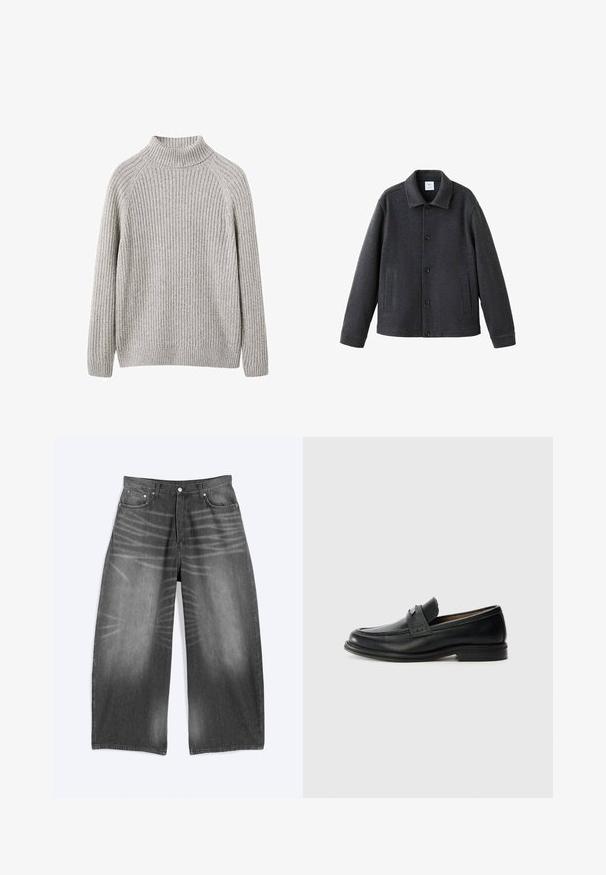 Veste en mélange de laine grise dotée d'un col, d'une fermeture à boutons sur le devant et de deux poches latérales. Design structuré avec une texture lisse.; Pull gris clair à côtes avec un col montant, des manches raglan longues et une coupe décontractée. Texture douce avec une finition tricotée.; Jean en denim noir délavé à jambes larges avec poches avant et fermeture à boutons, présenté à plat sur fond clair.; Mocassins en cuir noir avec une finition lisse, dotés d'une bande supérieure texturée, d'un talon bas et de détails de couture minimalistes.