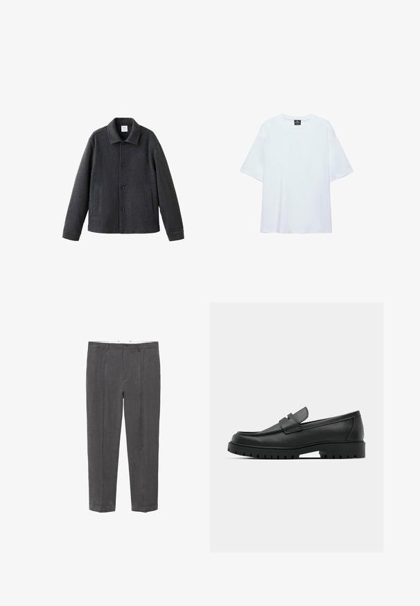 Grå uldblandet jakke med krave, knaplukning foran og to sidelommer. Struktureret design med glat tekstur.; Hvid, oversized T-shirt med korte ærmer og rund halsudskæring, med en sort etiket inde i kraven på en hvid baggrund.; Mørkegrå skræddersyede bukser med bæltestropper, knaplukning, forkantfold og opsmøgte kanter, vist fladt mod en hvid baggrund.; Sorte læder loafers med rund tå, der har et syet design, lav platformssål og en struktureret, skridsikker gummisål.