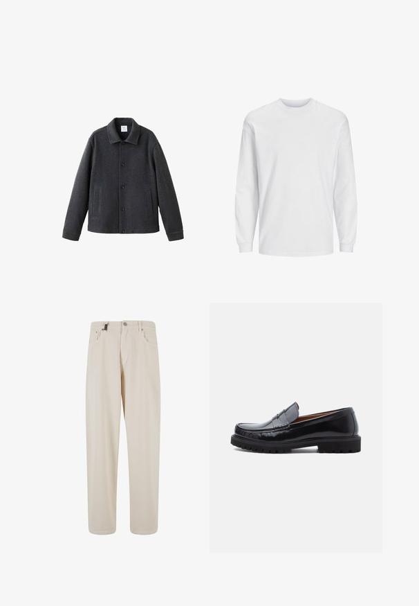 Grijze jas van een wollen mix met een kraag, knoopsluiting aan de voorkant en twee zijzakken. Gestructureerd ontwerp met een gladde textuur.; Wit T-shirt met lange mouwen gemaakt van katoen. Voorzien van een ronde hals en een eenvoudig ontwerp zonder patronen of accenten. Zachte, gladde textuur.; Beige katoenen broek met een recht pasvorm, voorzien van voorzakken en een knoopsluiting. Gladde textuur met minimale details.; Zwarte leren penny loafer met chunky rubberen zool en moc-toe stiksel, in profiel weergegeven op een witte achtergrond.