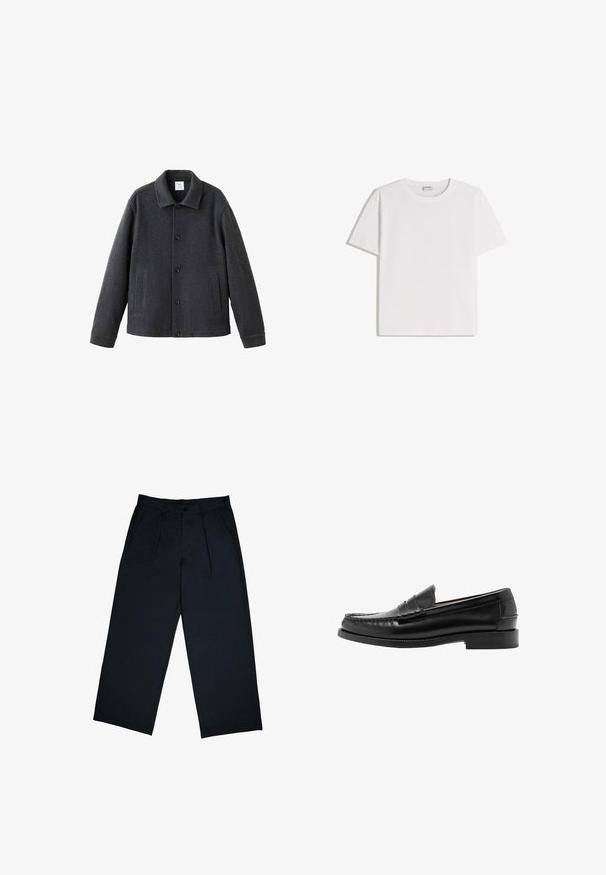 Veste en mélange de laine grise dotée d'un col, d'une fermeture à boutons sur le devant et de deux poches latérales. Design structuré avec une texture lisse.; T-shirt en coton blanc avec un col rond et des manches courtes. Présente une coupe classique et carrée, sans motifs ni accents visibles.; Pantalons larges noirs en tissu lisse, avec des plis sur le devant, une fermeture à bouton et une coupe droite au niveau des chevilles.; Mocassin penny en cuir noir avec bout mocassin cousu, talon bas et finition lisse et polie, présenté de profil sur fond blanc.