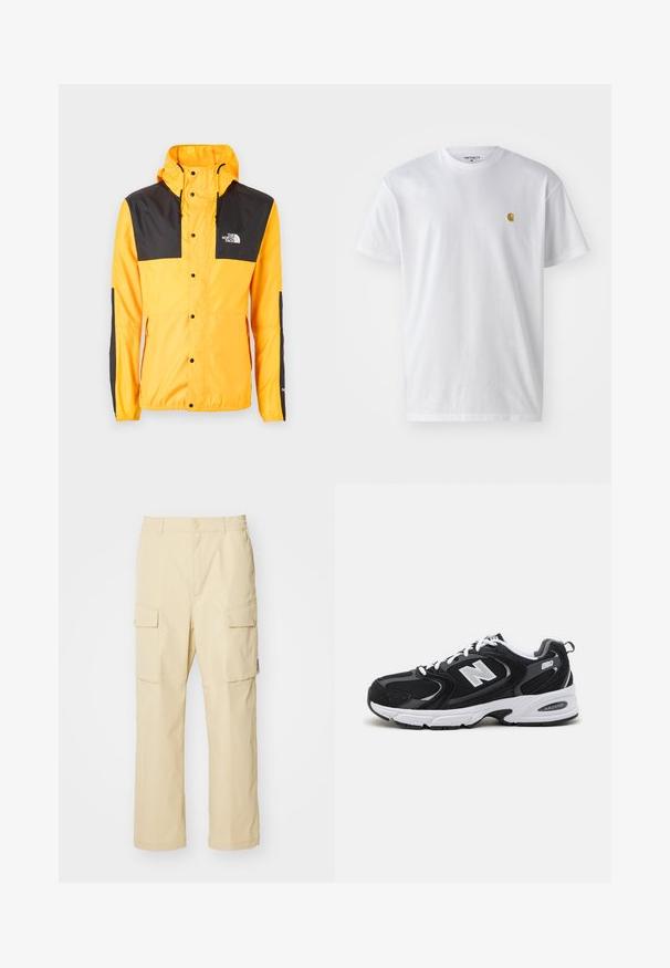 The North Face SEASONAL MOUNTAIN JACKET - Chaqueta fina - summit gold/black; Camiseta de algodón blanca con mangas cortas, cuello redondo, que presenta un pequeño logo dorado en la parte izquierda del pecho. Textura suave y corte regular.; Pantalones cargo beige hechos de tela con cinturilla elástica y cierre de botón. Presenta dos bolsillos laterales y un diseño simple.; Zapatillas deportivas en negro y gris con parte superior de malla y ante, que cuentan con una entresuela blanca, cordones y un llamativo logo "N" en el lateral.